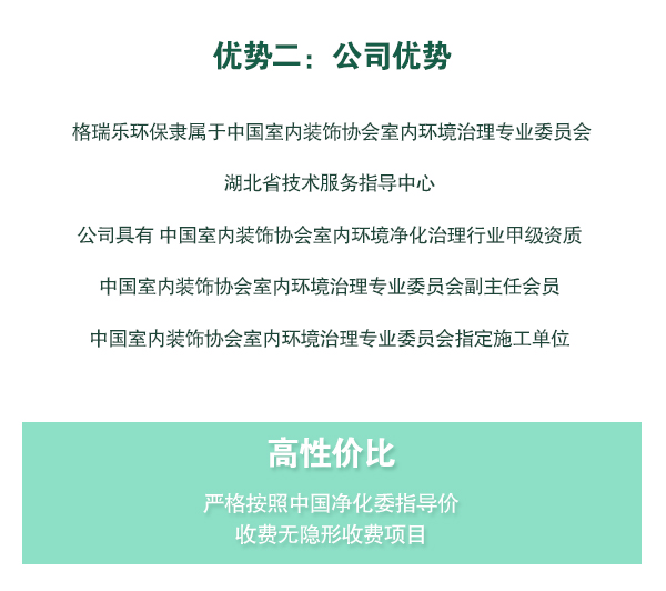 格瑞樂環(huán)保隸屬于中國室內裝飾協會室內環(huán)境治理專業(yè)委員會湖北省技術服務指導中心   公司具有 中國室內裝飾協會室內環(huán)境凈化治理行業(yè)甲級資質   中國室內裝飾協會室內環(huán)境治理專業(yè)委員會副主任會員   中國室內裝飾協會室內環(huán)境治理專業(yè)委員會指定施工單位