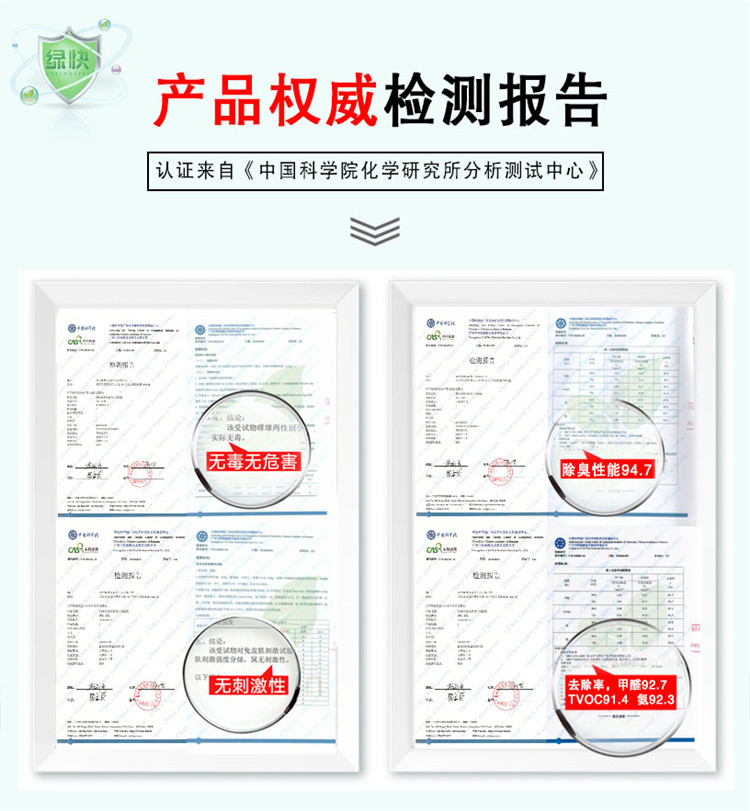產(chǎn)品權(quán)威檢測(cè)報(bào)告 認(rèn)證來(lái)自《中國(guó)科學(xué)院化學(xué)研究所測(cè)試中心》無(wú)毒無(wú)危害 除臭性能94.7 無(wú)刺激性 甲醛去除率92.7 TVOC91.4 氨92.3