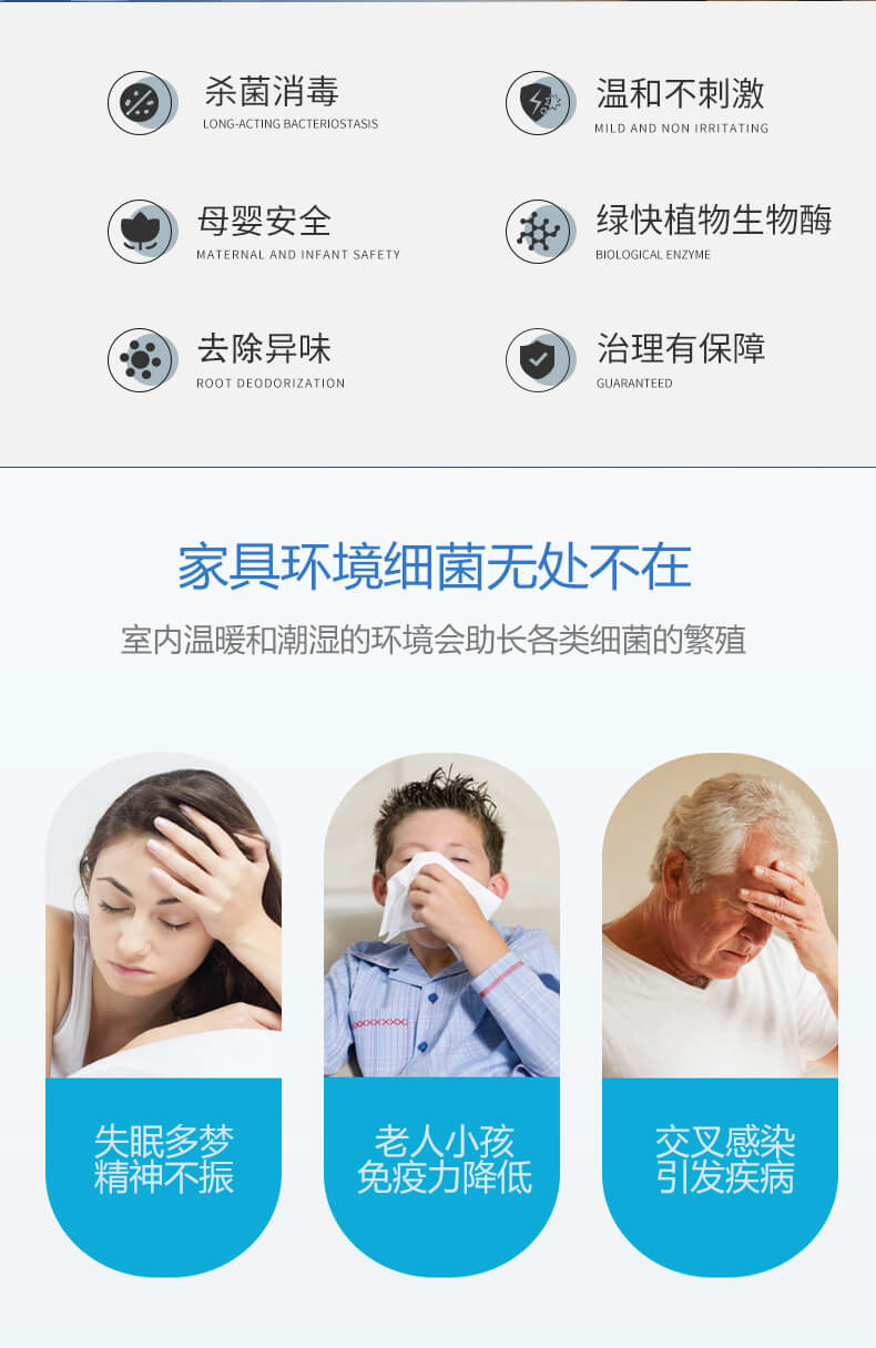 殺菌消毒，溫和不刺激，母嬰安全，綠快植物生物酶，祛除異味，治理有保障，家具環(huán)境細(xì)菌無處不在，室內(nèi)溫暖和潮濕的環(huán)境會助長各類細(xì)菌的繁殖，失眠多夢，精神不振，老人小孩免疫力降低，交叉感染，引發(fā)疾病
